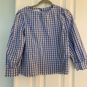 Sara Campbell Blue White Gingham Plaid Puff Sleeve Top Blouse Size S